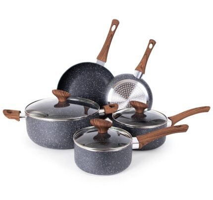 Non-Stick Pots and Pans Set – Granite Cookware, Induction Hob Saucepan Set with Lids, Frying Pan Set Oven-Safe PFOS, PFOA Free – Nuovva