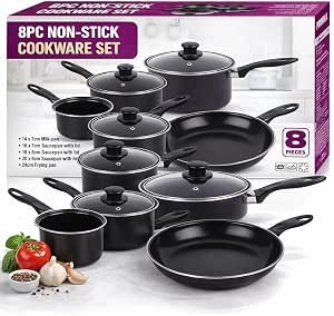 Piece Non Stick Cookware Set – Carbon Steel Pots & Pans Set with Lids – Saucepan Set, Frying Pan, Milk Pan – Induction, Gas & Electric Hob Compatible – Black Kitchen Cooking Set