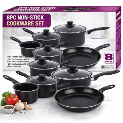 Piece Non Stick Cookware Set – Carbon Steel Pots & Pans Set with Lids – Saucepan Set, Frying Pan, Milk Pan – Induction, Gas & Electric Hob Compatible – Black Kitchen Cooking Set