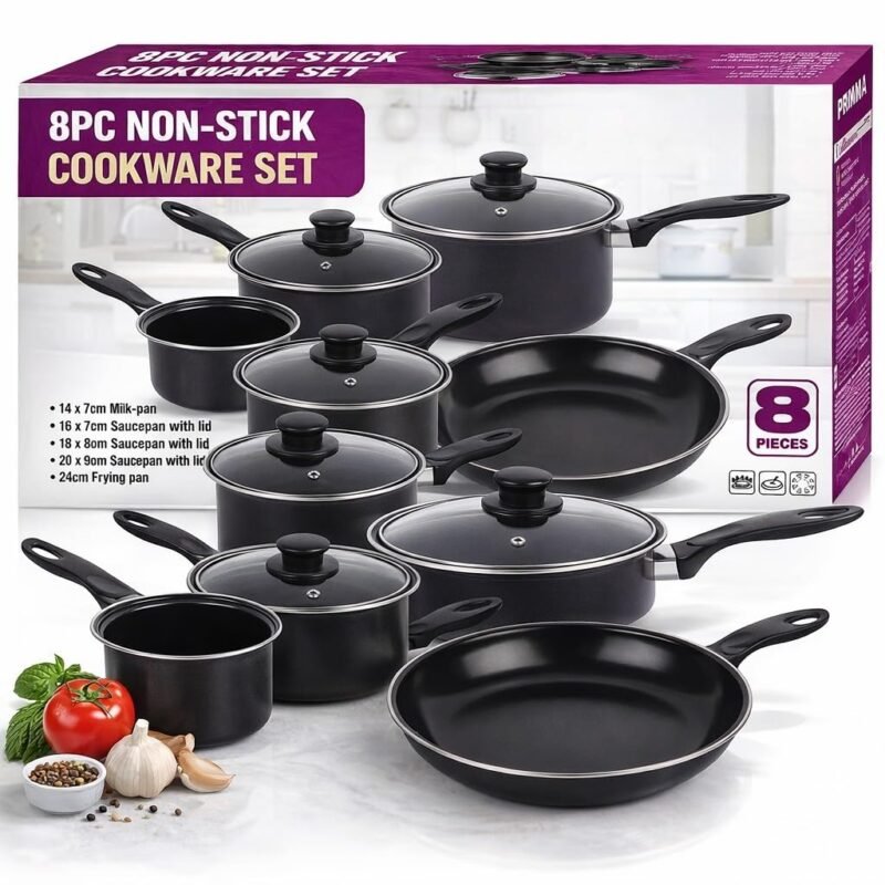 Piece Non Stick Cookware Set – Carbon Steel Pots & Pans Set with Lids – Saucepan Set, Frying Pan, Milk Pan – Induction, Gas & Electric Hob Compatible – Black Kitchen Cooking Set