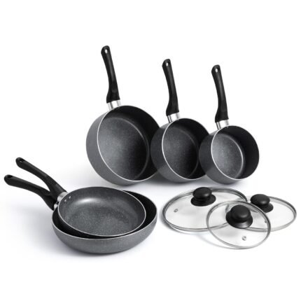 Pots and Pans Set, 8 Piece Induction Safe, Non-Stick Saucepan and Frying Pan Set, Easy Clean Granite Design Pots and Pans Set with Glass Lids, PFAS, PTFE, PFOA, Lead &...