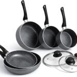 Pots and Pans Set, 8 Piece Induction Safe, Non-Stick Saucepan and Frying Pan Set, Easy Clean Granite Design Pots and Pans Set with Glass Lids, PFAS, PTFE, PFOA, Lead &...