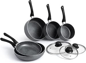 Pots and Pans Set, 8 Piece Induction Safe, Non-Stick Saucepan and Frying Pan Set, Easy Clean Granite Design Pots and Pans Set with Glass Lids, PFAS, PTFE, PFOA, Lead &...