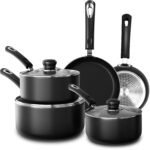 Set of 8 Non-Stick Pots and Pans Cookware Suitable for Induction Hob with 20cm, 28cm Frying Pans and 16cm, 18cm, 20cm Saucepans Set with Lids (Black)