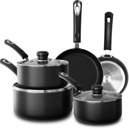 Set of 8 Non-Stick Pots and Pans Cookware Suitable for Induction Hob with 20cm, 28cm Frying Pans and 16cm, 18cm, 20cm Saucepans Set with Lids (Black)
