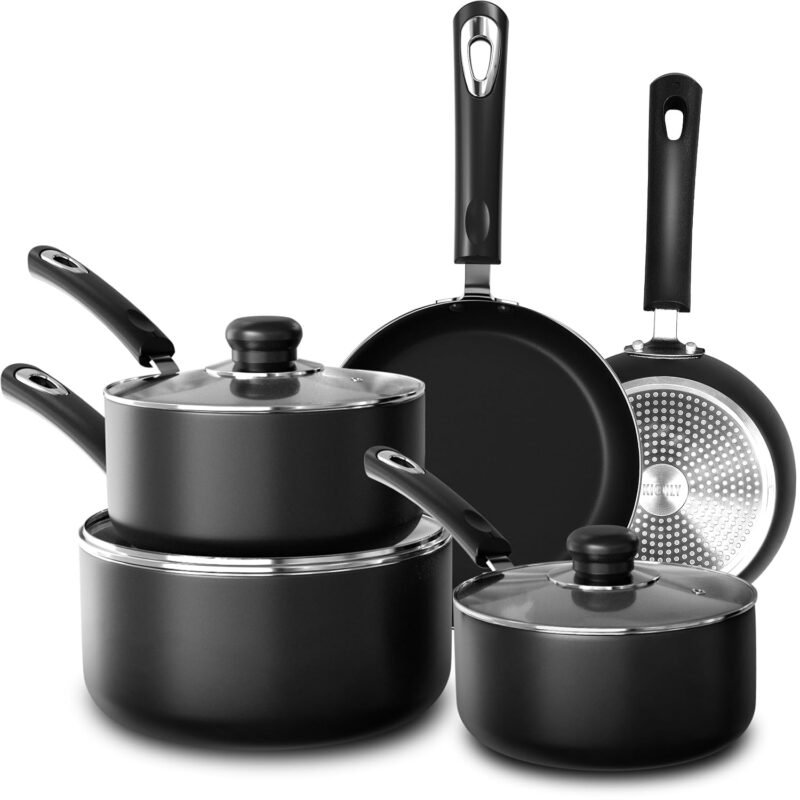 Set of 8 Non-Stick Pots and Pans Cookware Suitable for Induction Hob with 20cm, 28cm Frying Pans and 16cm, 18cm, 20cm Saucepans Set with Lids (Black)