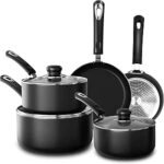 Set of 8 Non-Stick Pots and Pans Cookware Suitable for Induction Hob with 20cm, 28cm Frying Pans and 16cm, 18cm, 20cm Saucepans Set with Lids (Black)
