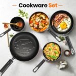 Set of 8 Non-Stick Pots and Pans Cookware Suitable for Induction Hob with 20cm, 28cm Frying Pans and 16cm, 18cm, 20cm Saucepans Set with Lids (Black)