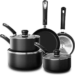 Set of 8 Non-Stick Pots and Pans Cookware Suitable for Induction Hob with 20cm, 28cm Frying Pans and 16cm, 18cm, 20cm Saucepans Set with Lids (Black)
