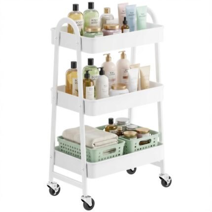SONGMICS 3-Tier Rolling Cart, Metal Storage Cart, Kitchen Storage Trolley with 2 Brakes and Handles, Utility Trolley, Easy Assembly, for Painting Utensils Bedroom Laundry Room,...