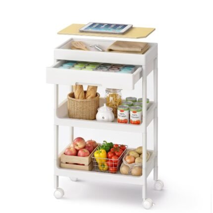 SONGMICS 3-Tier Storage Trolley, Rolling Trolley on Wheels, Serving Utility Cart with Removable Tray, Drawer, and Plastic Shelves, Easy Assembly, for Kitchen, White and Golden...