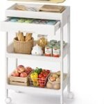 SONGMICS 3-Tier Storage Trolley, Rolling Trolley on Wheels, Serving Utility Cart with Removable Tray, Drawer, and Plastic Shelves, Easy Assembly, for Kitchen, White and Golden...