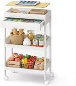 SONGMICS 3-Tier Storage Trolley, Rolling Trolley on Wheels, Serving Utility Cart with Removable Tray, Drawer, and Plastic Shelves, Easy Assembly, for Kitchen, White and Golden...