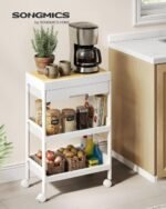 SONGMICS 3-Tier Storage Trolley, Rolling Trolley on Wheels, Serving Utility Cart with Removable Tray, Drawer, and Plastic Shelves, Easy Assembly, for Kitchen, White and Golden...