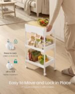 SONGMICS 3-Tier Storage Trolley, Rolling Trolley on Wheels, Serving Utility Cart with Removable Tray, Drawer, and Plastic Shelves, Easy Assembly, for Kitchen, White and Golden...