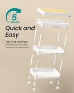 SONGMICS 3-Tier Storage Trolley, Rolling Trolley on Wheels, Serving Utility Cart with Removable Tray, Drawer, and Plastic Shelves, Easy Assembly, for Kitchen, White and Golden...