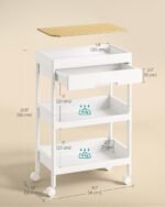 SONGMICS 3-Tier Storage Trolley, Rolling Trolley on Wheels, Serving Utility Cart with Removable Tray, Drawer, and Plastic Shelves, Easy Assembly, for Kitchen, White and Golden...