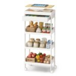 SONGMICS 3-Tier Storage Trolley, Rolling Trolley on Wheels, Serving Utility Cart with Removable Tray, Drawer, and Plastic Shelves, Easy Assembly, for Kitchen, White and Golden...