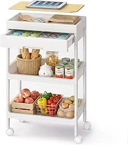 SONGMICS 3-Tier Storage Trolley, Rolling Trolley on Wheels, Serving Utility Cart with Removable Tray, Drawer, and Plastic Shelves, Easy Assembly, for Kitchen, White and Golden...