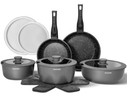 Stick Pots and Pans Set 17 Piece, Induction Hob Pan Set, Nonstick Removable Handle Kitchen Cookware Sets, Pot Set, Frying Pans Sets, Saucepan Sets with Lids