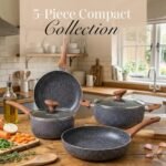 Stick Pots and Pans Set – Induction Hob Pots Set – 5pcs Kitchen Cookware with Lids – Cooking Marble Saucepan Pots and Frying Pans – by Nuovva