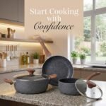 Stick Pots and Pans Set – Induction Hob Pots Set – 5pcs Kitchen Cookware with Lids – Cooking Marble Saucepan Pots and Frying Pans – by Nuovva
