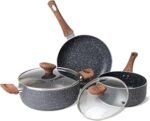 Stick Pots and Pans Set – Induction Hob Pots Set – 5pcs Kitchen Cookware with Lids – Cooking Marble Saucepan Pots and Frying Pans – by Nuovva