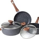 Stick Pots and Pans Set – Induction Hob Pots Set – 5pcs Kitchen Cookware with Lids – Cooking Marble Saucepan Pots and Frying Pans – by Nuovva