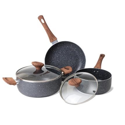 Stick Pots and Pans Set – Induction Hob Pots Set – 5pcs Kitchen Cookware with Lids – Cooking Marble Saucepan Pots and Frying Pans – by Nuovva
