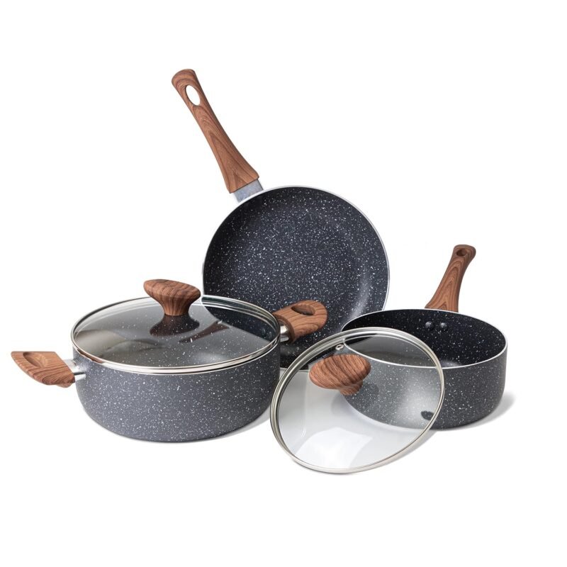 Stick Pots and Pans Set – Induction Hob Pots Set – 5pcs Kitchen Cookware with Lids – Cooking Marble Saucepan Pots and Frying Pans – by Nuovva