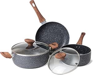 Stick Pots and Pans Set – Induction Hob Pots Set – 5pcs Kitchen Cookware with Lids – Cooking Marble Saucepan Pots and Frying Pans – by Nuovva