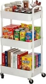 Sywhitta 3-tier Plastic Storage Trolley on Wheels, Kitchen Storage Utility Cart, Rolling Storage Rack for Bedroom, Bathroom, Office, White