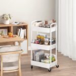 Sywhitta 3-tier Plastic Storage Trolley on Wheels, Kitchen Storage Utility Cart, Rolling Storage Rack for Bedroom, Bathroom, Office, White