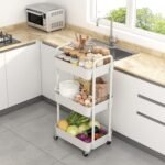 Sywhitta 3-tier Plastic Storage Trolley on Wheels, Kitchen Storage Utility Cart, Rolling Storage Rack for Bedroom, Bathroom, Office, White