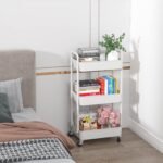 Sywhitta 3-tier Plastic Storage Trolley on Wheels, Kitchen Storage Utility Cart, Rolling Storage Rack for Bedroom, Bathroom, Office, White