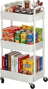 Sywhitta 3-tier Plastic Storage Trolley on Wheels, Kitchen Storage Utility Cart, Rolling Storage Rack for Bedroom, Bathroom, Office, White