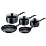 Titanium Non-Stick 5-Piece Induction Pan Set, Glass Lids, Black
