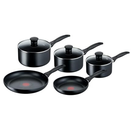 Titanium Non-Stick 5-Piece Induction Pan Set, Glass Lids, Black