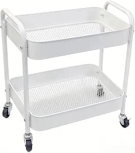 Under Desk Storage Cart 2 Tier Utility Rolling Cart with Wheels, Small Metal Mobile Trolley with Handle Two Tiered Utility Organizer Roller for Kitchen Office Bathroom Pantry...