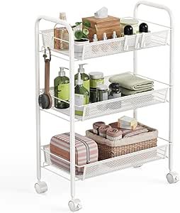 WELDUN 3-Tier Storage Trolley, Meatl Rolling Cart, Mesh Storage Cart White