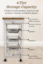 White Wooden 2 & 3 Tier Rolling Kitchen Trolley Basket Organiser Cabinet Cart (3 Basket + 1 Wine Rack)