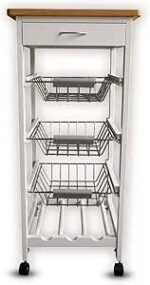White Wooden 2 & 3 Tier Rolling Kitchen Trolley Basket Organiser Cabinet Cart (3 Basket + 1 Wine Rack)