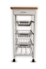 White Wooden 2 & 3 Tier Rolling Kitchen Trolley Basket Organiser Cabinet Cart (3 Basket + 1 Wine Rack)