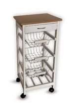 White Wooden 2 & 3 Tier Rolling Kitchen Trolley Basket Organiser Cabinet Cart (3 Basket + 1 Wine Rack)