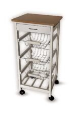 White Wooden 2 & 3 Tier Rolling Kitchen Trolley Basket Organiser Cabinet Cart (3 Basket + 1 Wine Rack)