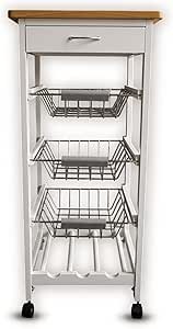 White Wooden 2 & 3 Tier Rolling Kitchen Trolley Basket Organiser Cabinet Cart (3 Basket + 1 Wine Rack)