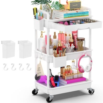 Yeabett 3 Tier Storage Trolley on Wheels, Beauty Trolley with Drawer